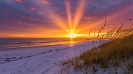 Beach sunset with sea oats and footprints in the sandの素材