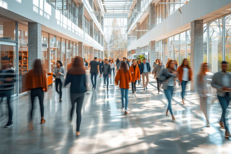 Motion Blur of People Walking in a Modern Office Buildingの素材