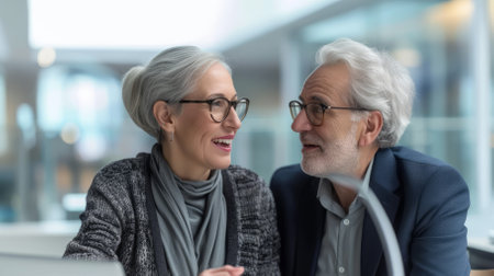 A smiling elderly couple looking at each otherの素材