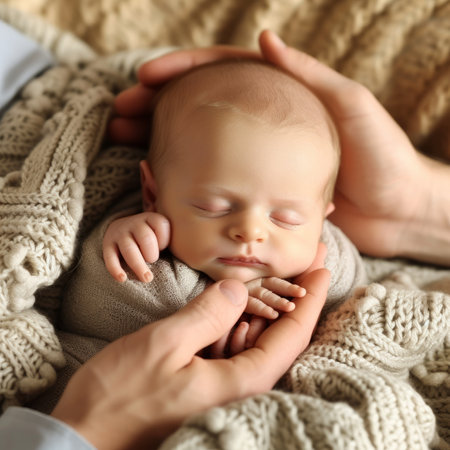 newborn baby sleeping in a blanket with parents hands holdingの素材