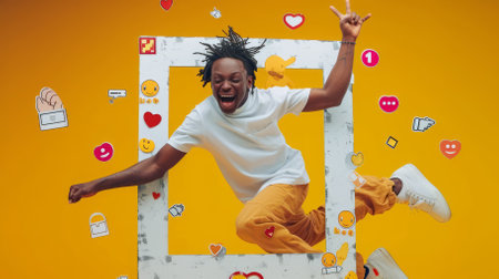A young African-American man jumps for joy in front of a yellow background with social media reactions surrounding him.の素材
