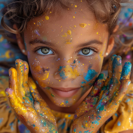 Colorful portrait of a happy little girl covered in non-toxic washable paintの素材