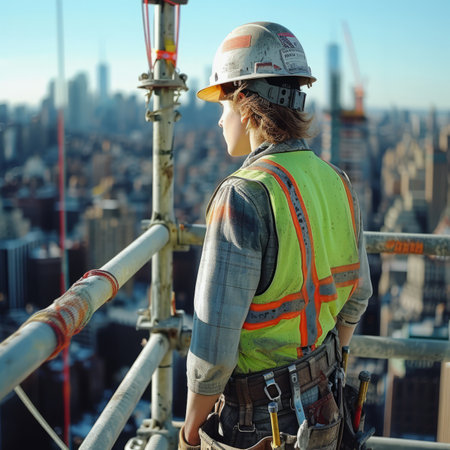 A female construction worker wearing a hard hat and safety vest looks out over the city skylineの素材