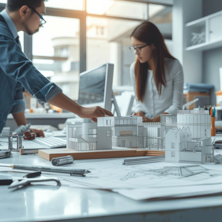 Two architects discussing over a building modelの素材