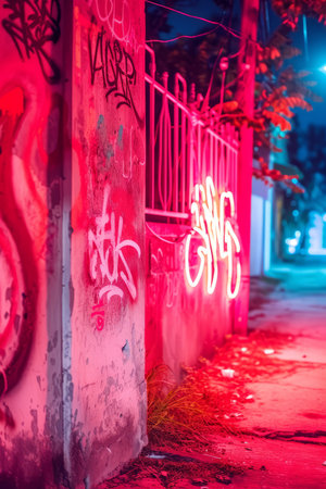 Glowing Graffiti on Brick Wall at Nightの素材