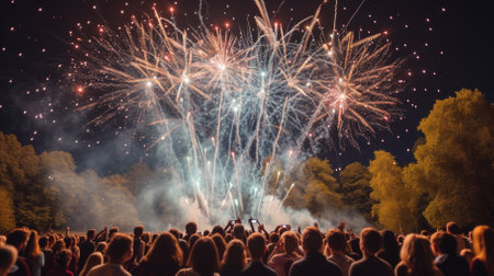 Fireworks light up the sky above a crowd of people at nightの素材