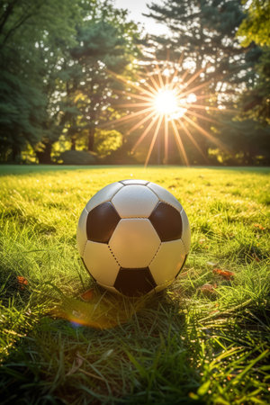 A soccer ball sits on the grass in a park with trees and sunlight in the backgroundの素材