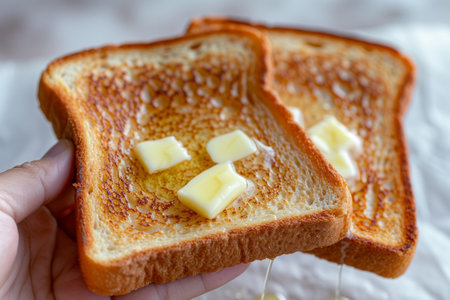 A hand holding two slices of toast with butterの素材