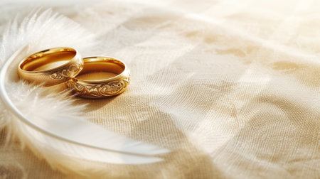 Two elegant gold wedding rings on a white featherの素材