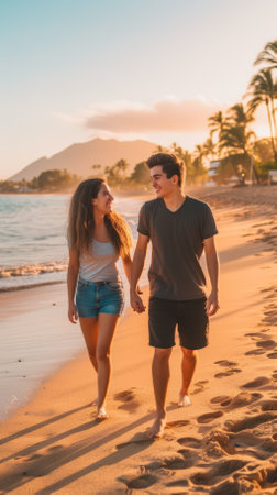Young couple walking on the beach at sunsetの素材