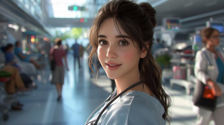 A female doctor with brown hair and brown eyes is smiling at the camera. She is wearing a white coat and a stethoscope around her neck. There are people in the background.の素材
