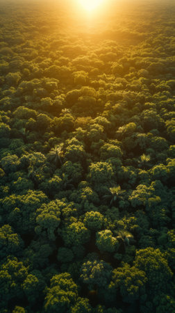 lush green dense tropical rainforest jungle viewed from above with bright sunlight shining throughの素材