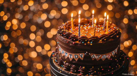 Scrumptious chocolate cake with lit candles on a brown surface against a backdrop of blurred lightsの素材