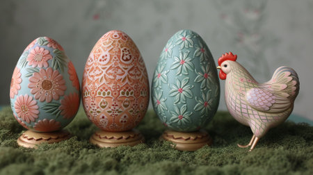 Four decorative Easter eggs with a chickenの素材