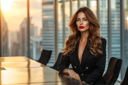 Confident businesswoman sitting at the conference table in the boardroomの素材