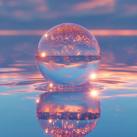 Crystal ball floating on water with cityscape and sunset sky insideの素材