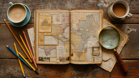 Vintage world map with magnifying glass and cup of coffeeの素材