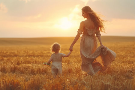 Mother and child holding hands in a wheat field at sunsetの素材