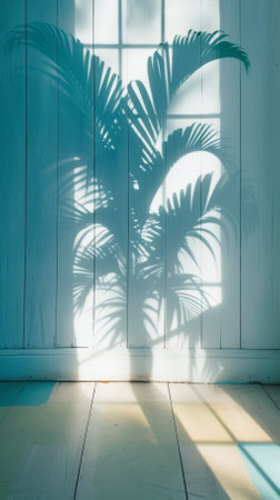 Blue wall with the shadow of a palm treeの素材