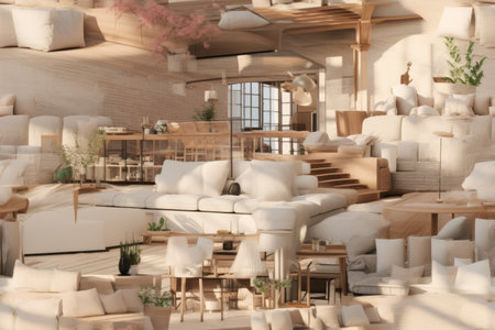 A beautiful living room with a lot of pillows and plantsの素材