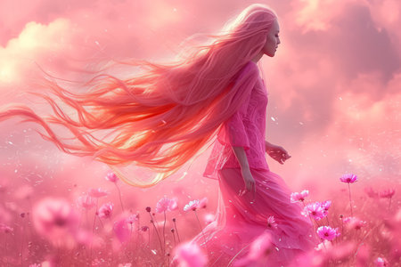 A woman with long pink hair is walking through a field of pink flowersの素材