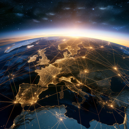 Earth from space at night showing the major cities and their connectionsの素材