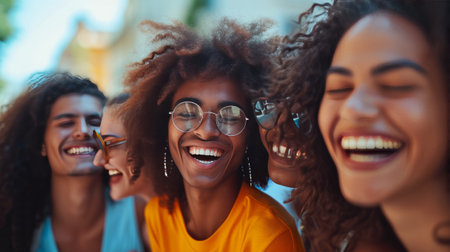 A group of diverse friends laughing and smiling togetherの素材