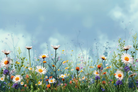Close-up of a variety of colorful flowers in a field with a blue sky in the backgroundの素材