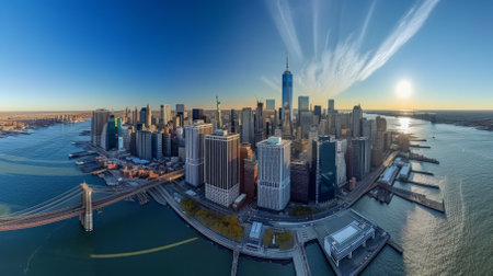 New York City skyline with Statue of Liberty and Brooklyn Bridgeの素材