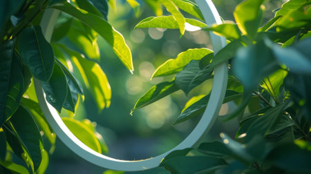 Sunlight shining through the leaves of a lush green plantの素材