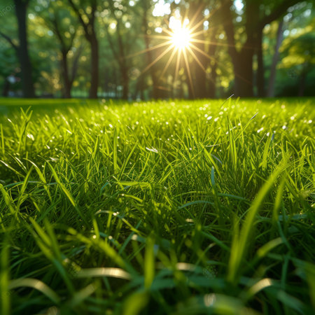 Sunlight shining through the trees onto a lush green grassy fieldの素材