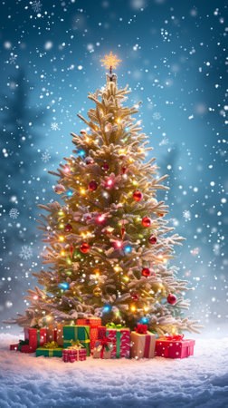 Christmas tree with presents in the snowの素材