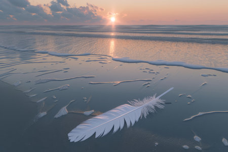 A white feather lies on the wet sand as the sun sets over the oceanの素材