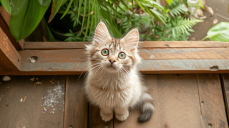 A cute kitten is sitting on a wooden floor and looking up at the cameraの素材
