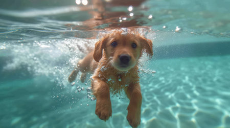 Golden Retriever puppy swimming underwaterの素材