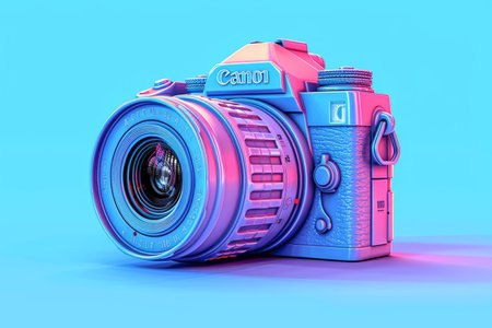 A 3D rendering of a vintage camera with a blue and pink neon glowの素材