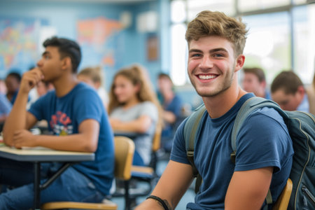 Smiling young male student sitting in classroom with classmates in backgroundの素材