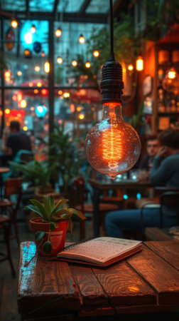 An incandescent bulb hanging from the ceiling of a restaurant with a plant and notebook on a table underneath itの素材