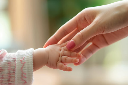 A mother is holding her baby's handの素材