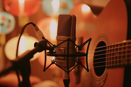 Close-up of a microphone and guitar in a recording studio with fairy lights in the backgroundの素材