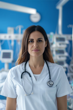 Portrait of a confident female doctor in a hospital roomの素材