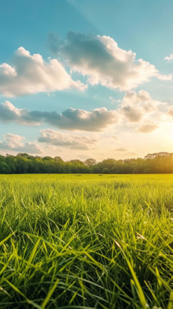 Green Grass Field Under Blue Sky With White Clouds At Sunsetの素材