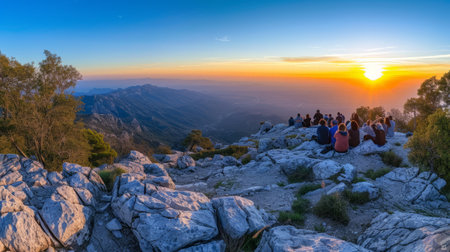 A group of hikers watching the sunset from the summit of a mountainの素材