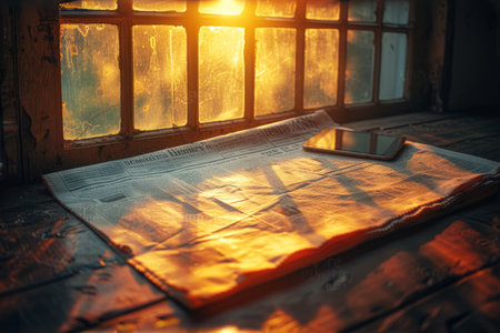 A newspaper and a mobile phone on a wooden table by the windowの素材