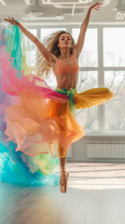 Young caucasian female dancer with blond hair in a colorful long dress is dancing in a studioの素材