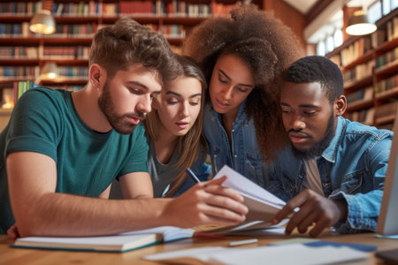 Group of diverse students studying together in a libraryの素材