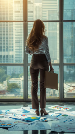 Businesswoman standing in front of window overlooking cityの素材