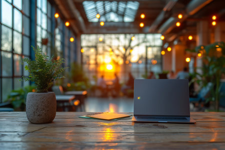 An open laptop sits on a wooden table in a sunlit room with a potted plant and notebook nearbyの素材