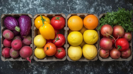 Four cardboard boxes filled with colorful fruits and vegetablesの素材