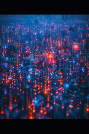 A futuristic cityscape with skyscrapers and glowing lightsの素材